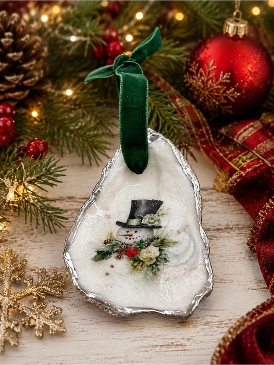 Other - Holiday Snowman Oyster Shell Ornament with Green Velvet Ribbon - Home Holiday